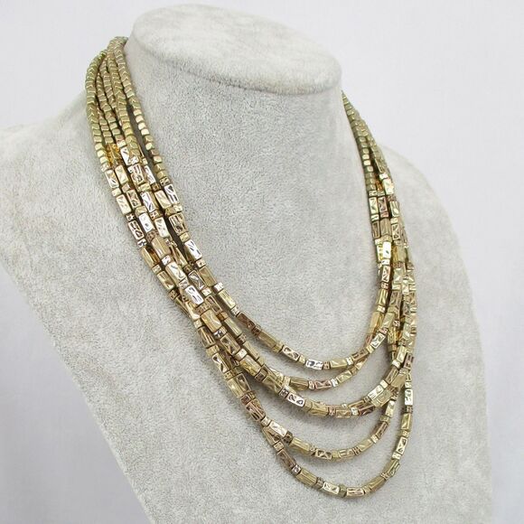 NWT Chicos Hammered Gold Tone Beaded Multi Strand Layered Necklace Hoop Earrings - Picture 6 of 7